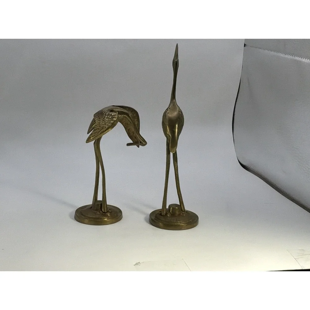 Vintage MCM Brass Bird Pair of 2 Crane Heron Egret Large Figurines 8.5 In 5 In